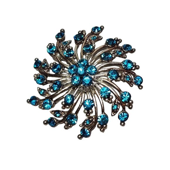 Vintage Turquoise Rhinestone Crystal Flower Swirl Blue Pin Brooch - Picture 2 of 16